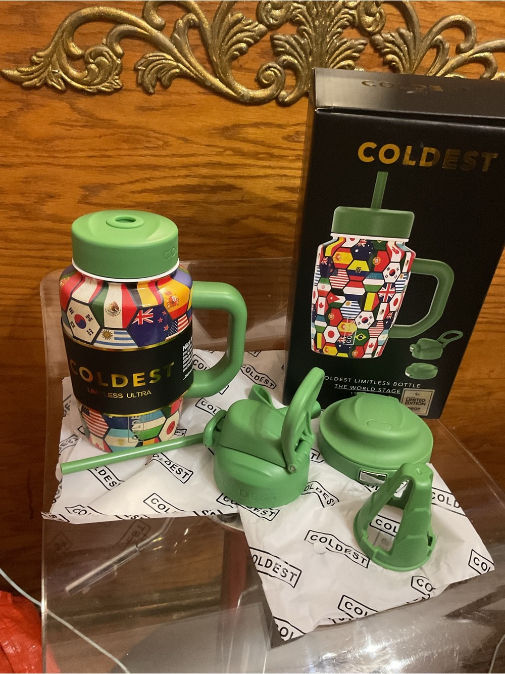 Coldest Ultra triple Insulated Water Bottle - Green with World Flags Design 15oz